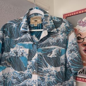 Western Aloha Shirt Mens L Hawaiian Pearl Snap Short Sleeve Blue Texas Waves